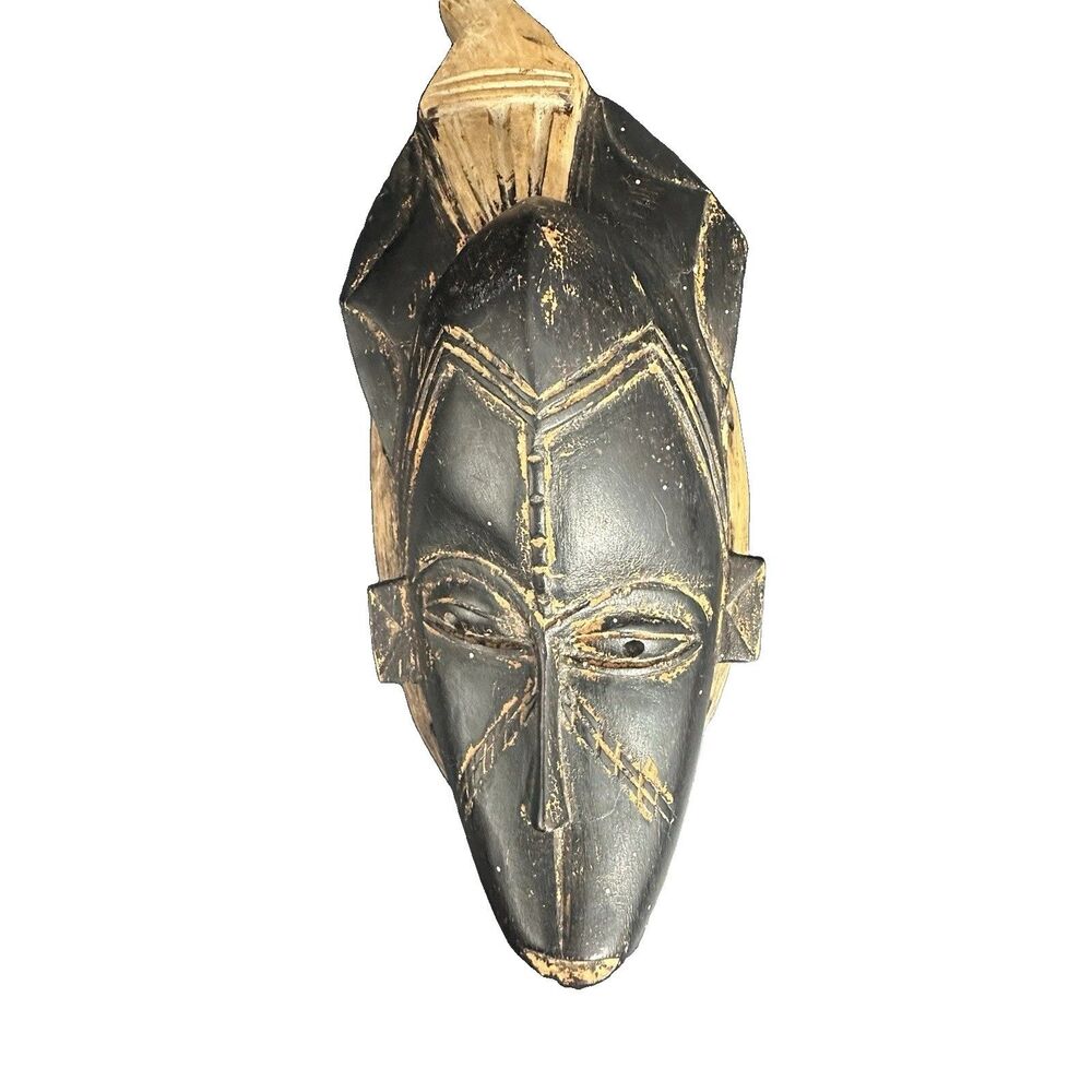 Vintage African Hand Carved Wood Tribal Wall Mask Folk Art Black 14” Decor
